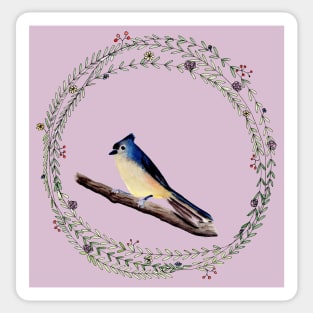 Little bird with wreath and lilac colored background Sticker